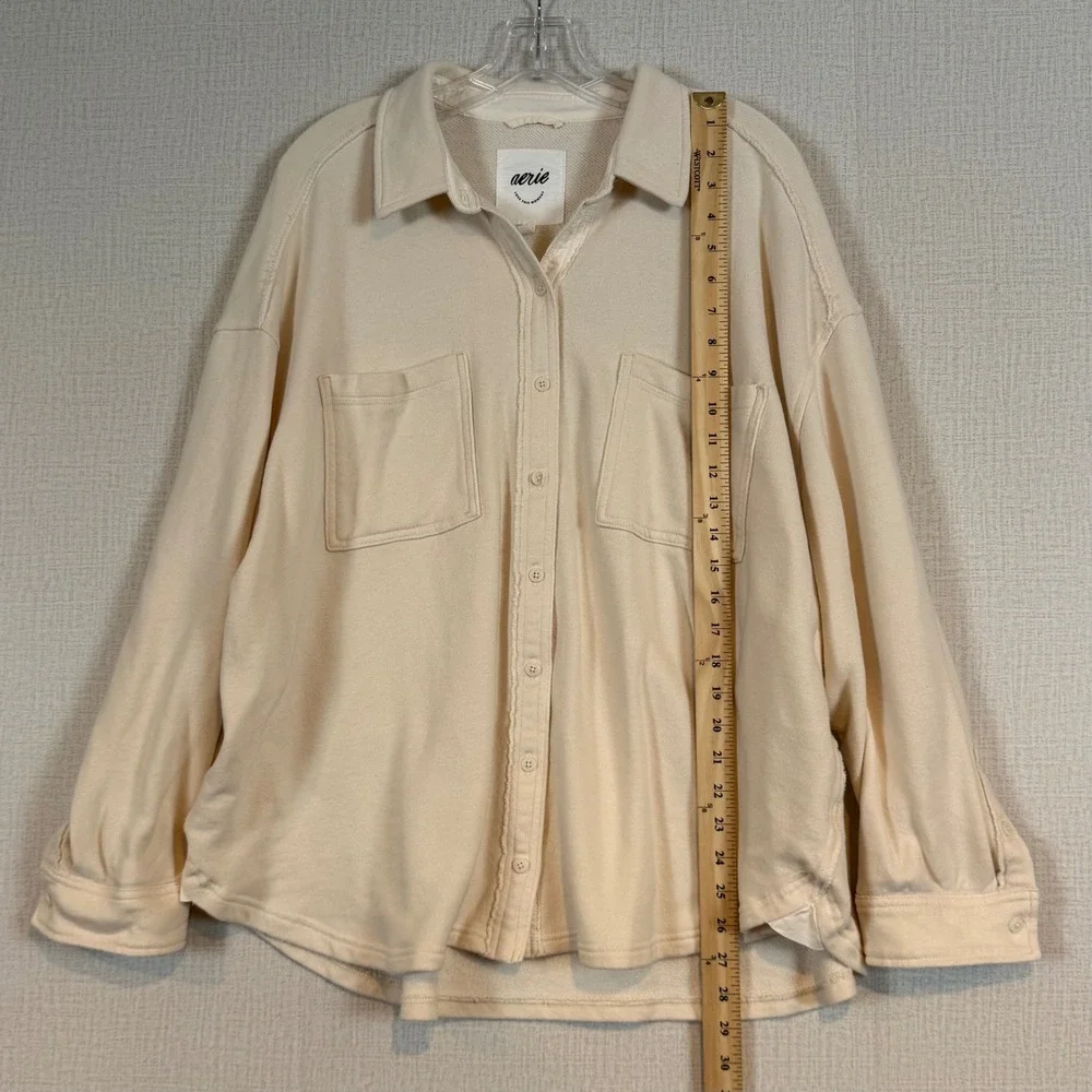 Aerie‎ Women Cream Beige Oversized Fleece Shirt Jacket Shacket Large Long Sleeve